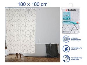 Шторка для ванной (12 колец в комплекте), 180×180 см, Secret, геометрия, белая, PERFECTO LINEA