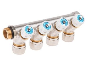 Коллектор с отсекающими вентилями, 3/4″ х 4 вых. (16 х 2.0), AV Engineering