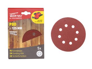 Шлифлист 125мм круг Р80 д/дерева самосцепл. 8 отв. 5 шт. WORTEX