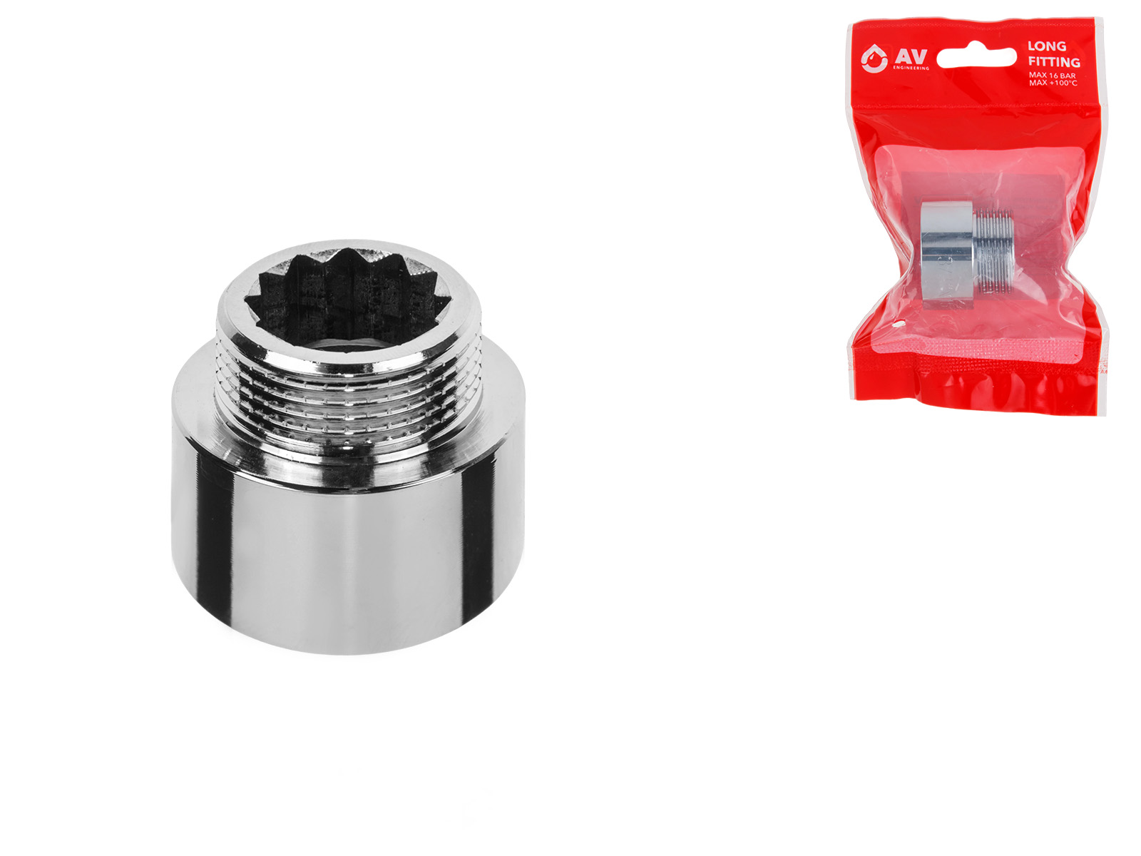 Удлинитель 3/4″ вн.-нар. х 15 мм усиленный ХРОМ, AV Engineering (инд. упак.)