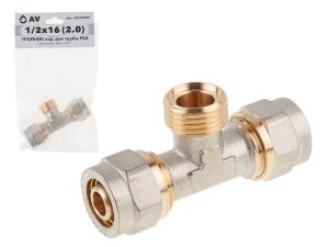 Тройник 16(2.0) х 1/2″ нар. х 16(2.0) для труб PEX, AV Engineering (инд. упак.)