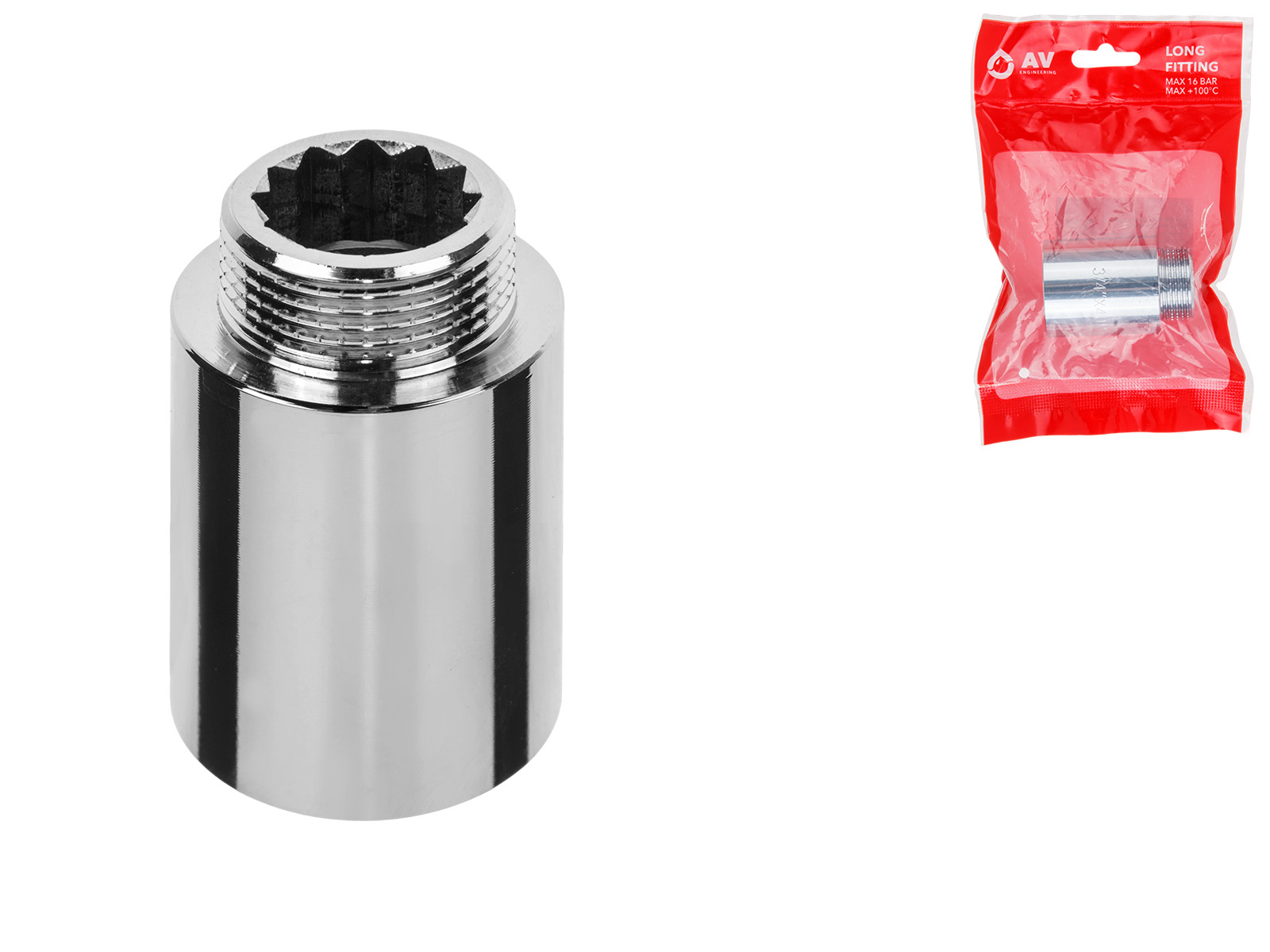 Удлинитель 3/4″ вн.-нар. х 40 мм усиленный ХРОМ, AV Engineering (инд. упак.)