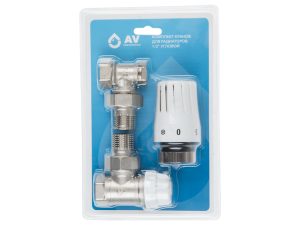Комплект кранов угловой 1/2″ для радиатора с термоголовкой, AV Engineering (инд. упак.)