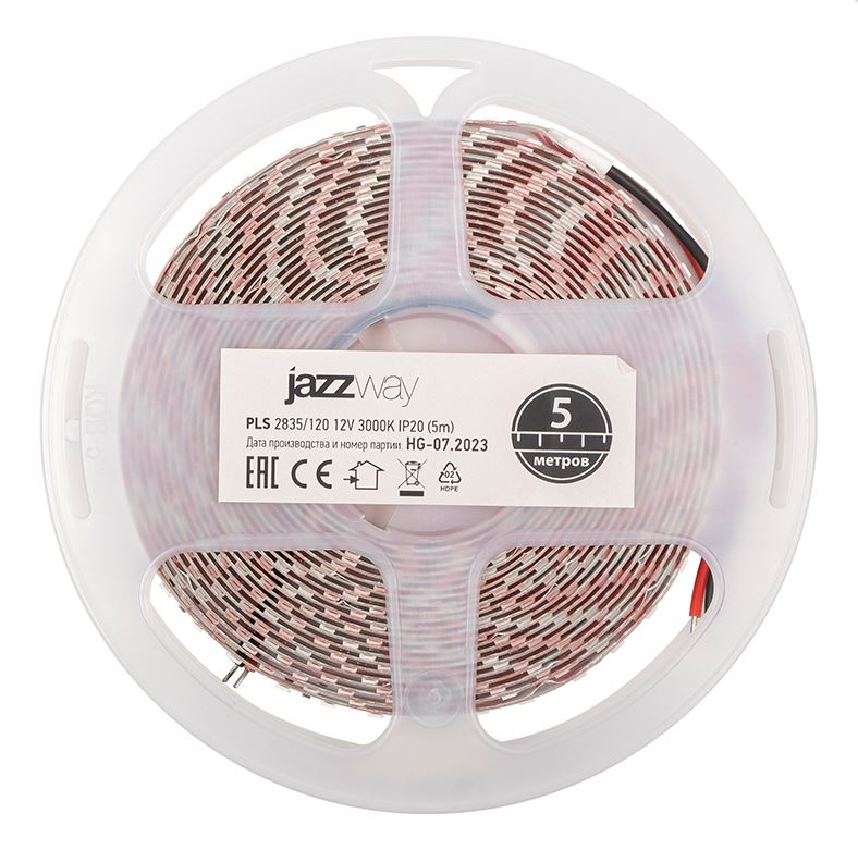 Лента светодиодная PLS-2835/120 (12.0 Вт/м, 960 Лм/м, 3000К, IP20, 12В (5 м в уп.) JAZZWAY