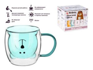Кружка стеклянная с двойными стенками, 250 мл, синяя, серия Bear, PERFECTO LINEA