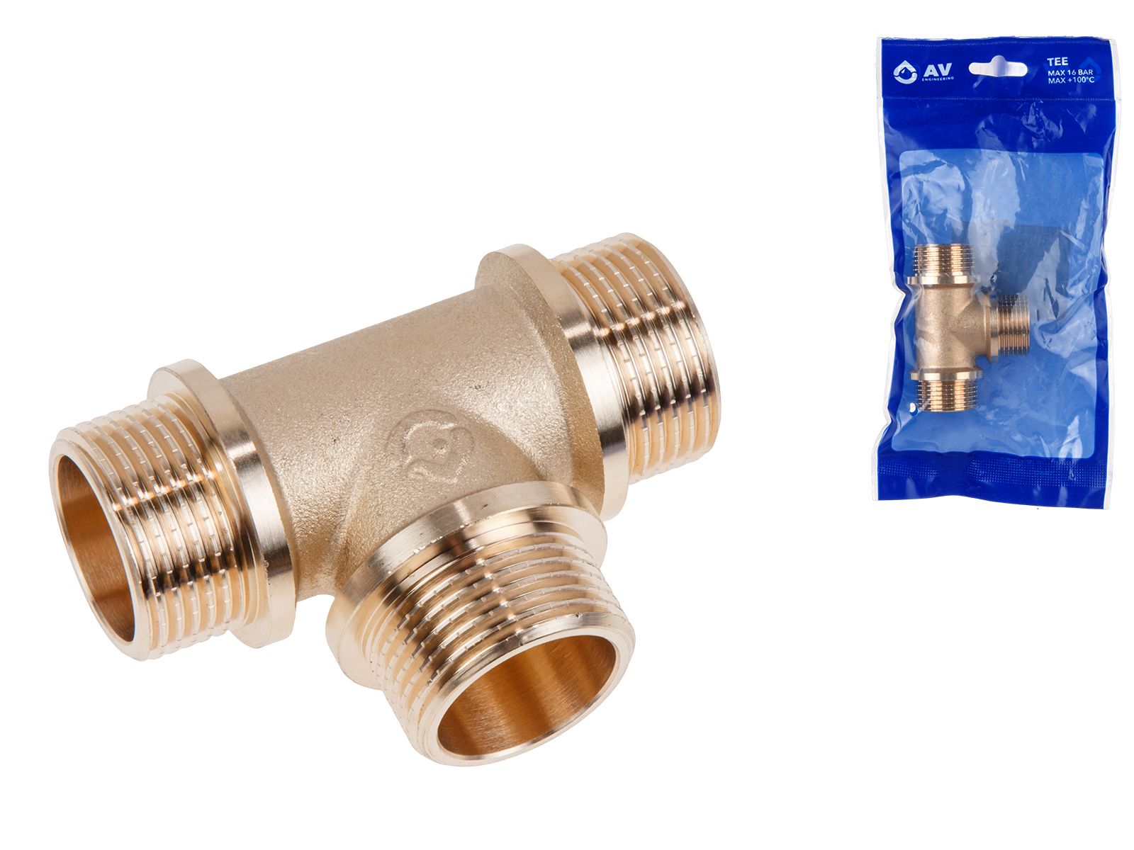 Тройник 3/4″ нар.-нар.-нар. с ограничителем, AV Engineering (инд. упак.)