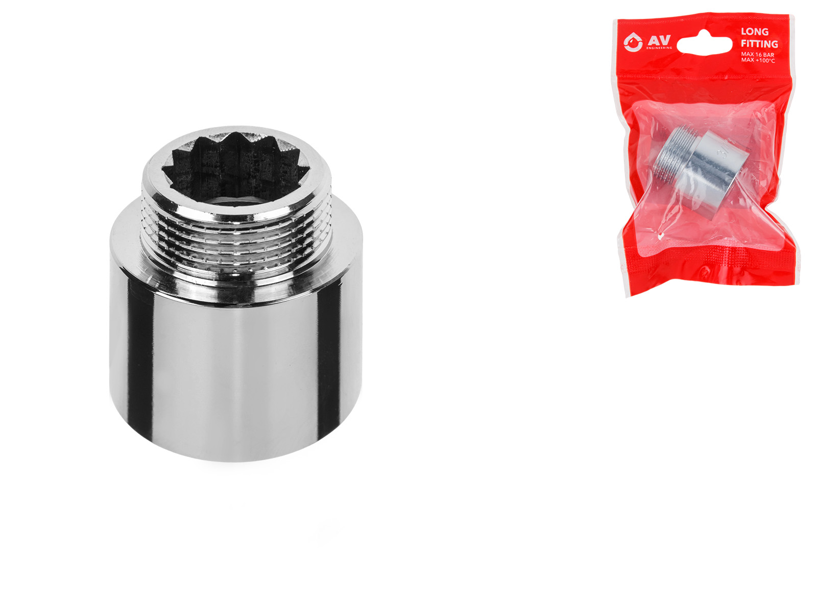Удлинитель 3/4″ вн.-нар. х 20 мм усиленный ХРОМ, AV Engineering (инд. упак.)