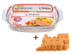 Форма из жаропрочного стекла, 2.9 л, прямоугольная + Форма для выпечки, силиконовая, PERFECTO LINEA