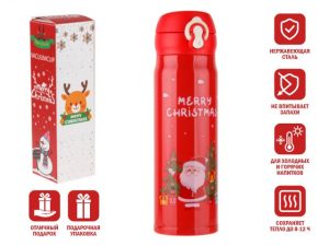 Термос, 500 мл, нержавеющая сталь, MERRY CHRISTMAS, красный, Санта, PERFECTO LINEA