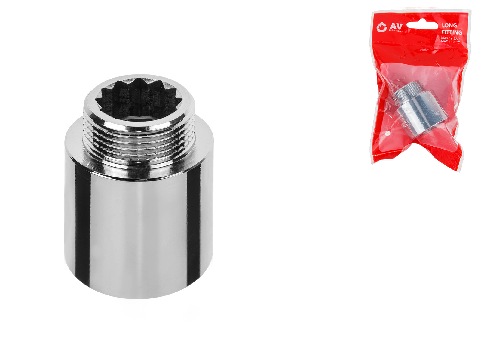 Удлинитель 3/4″ вн.-нар. х 25 мм усиленный ХРОМ, AV Engineering (инд. упак.)