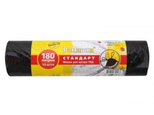 Мешки для мусора с завязками, 180 л, 10 шт, «Стандарт», черные, РОМАШКА