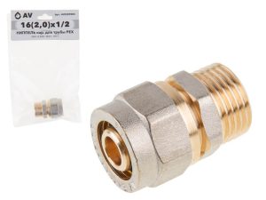 Ниппель 16(2.0) х 1/2″ нар. для труб PEX, AV Engineering (инд. упак.)