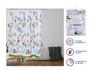 Шторка для ванной (12 колец в комплекте), 180×180 см, Harmony, флора, PERFECTO LINEA
