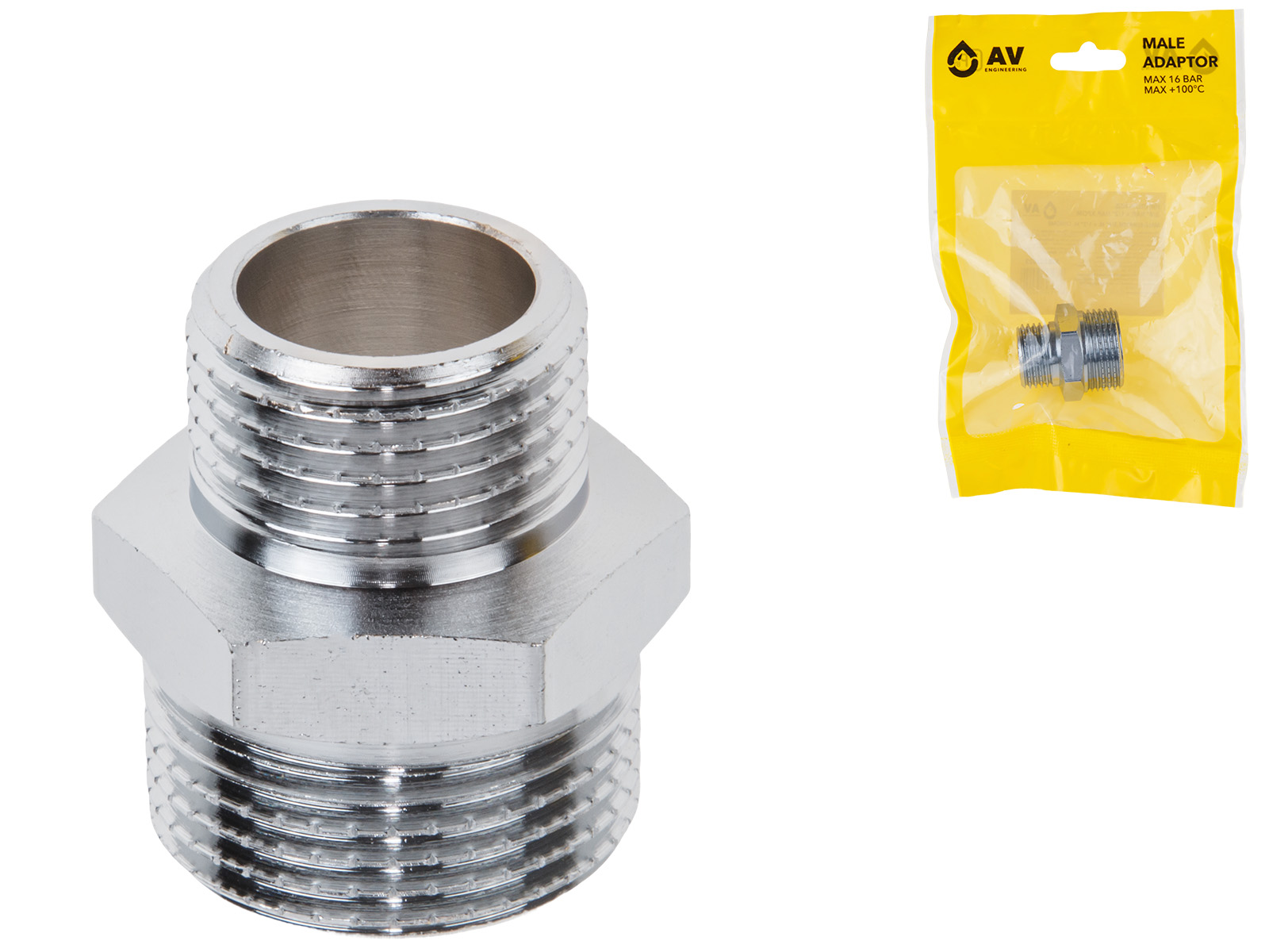Ниппель ред. 3/4″ нар. х 1/2″ нар. ХРОМ, AV Engineering (инд. упак.)