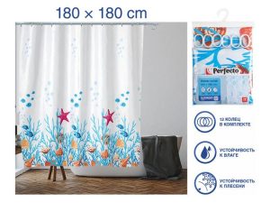 Шторка для ванной (12 колец в комплекте), 180×180 см, Harmony, подводный мир, PERFECTO LINEA