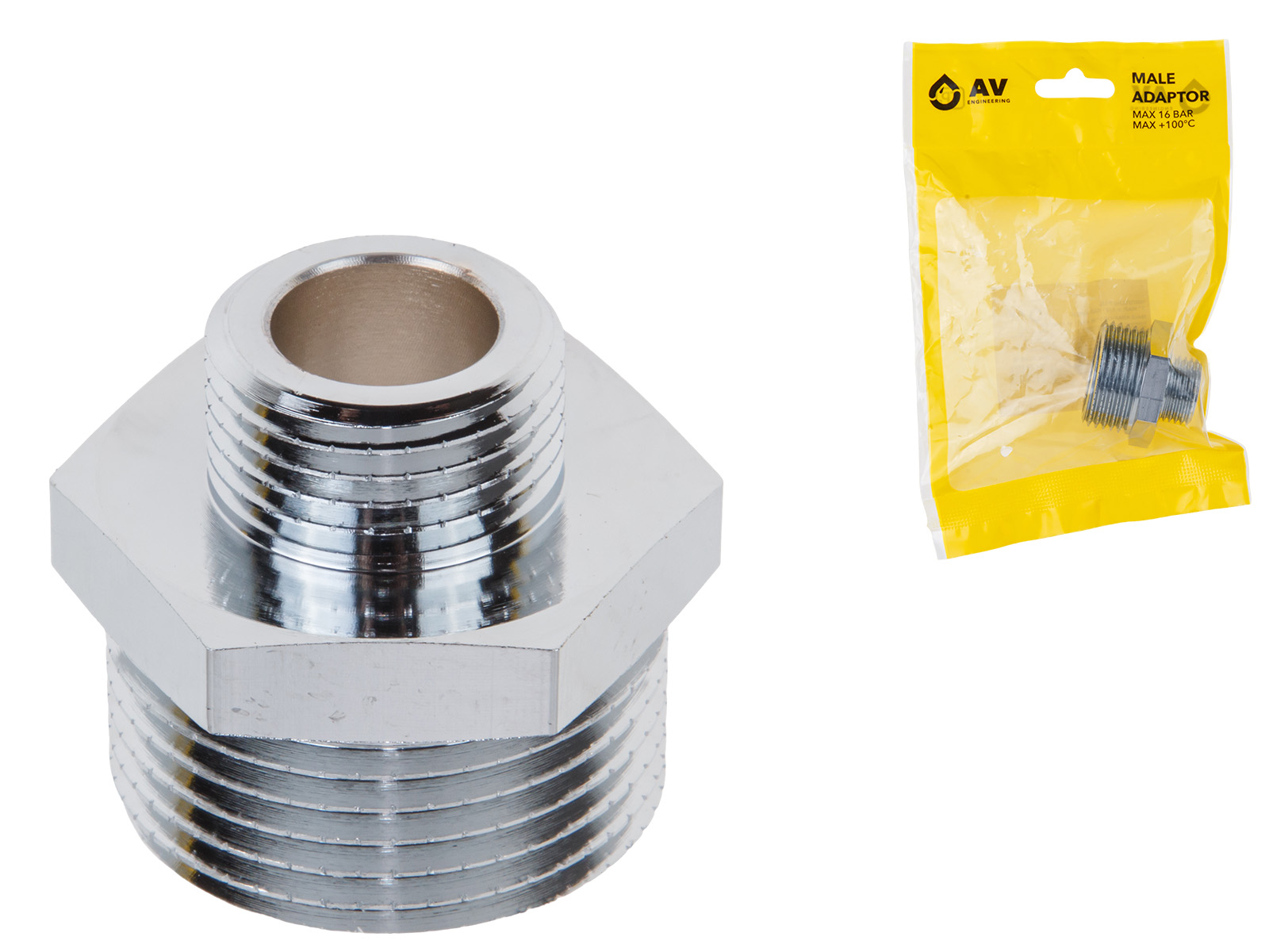Ниппель ред. 1″ нар. х 1/2″ нар. ХРОМ, AV Engineering (инд. упак.)