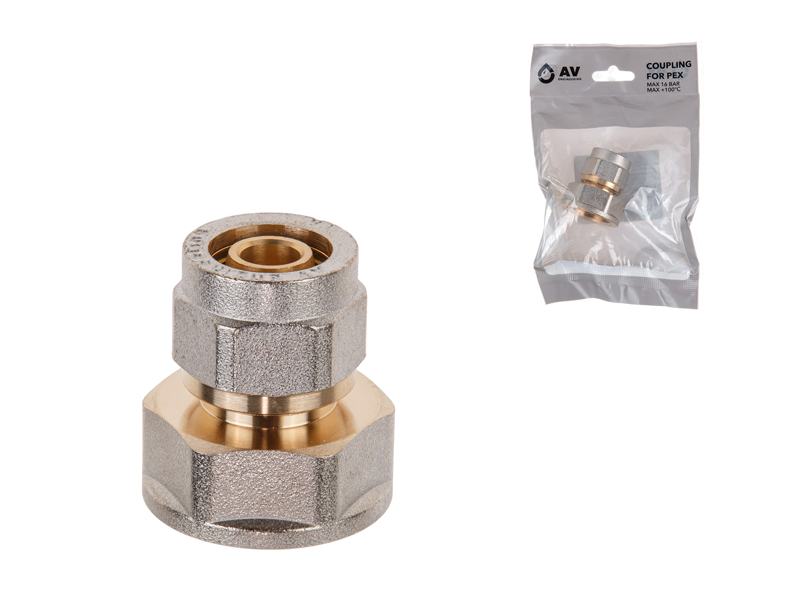 Муфта 16(2.0) х 3/4″ вн. для труб PEX, AV Engineering (инд. упак.)