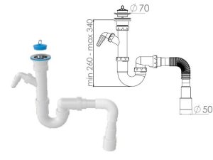 Сифон для кухни прямоточный с выпуском 70мм, с гибкой трубой 1 1/2″ — 40/50мм, AV Engineering