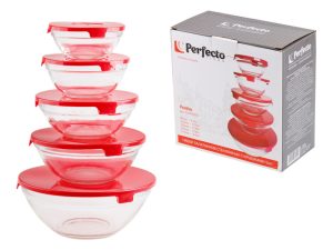 Набор салатников стеклянных с крышками 5шт., Позитиво (Positivo), PERFECTO LINEA