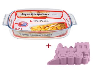 Форма из жаропрочного стекла, 2.7 л, прямоугольная + Форма для выпечки, силиконовая , PERFECTO LINEA