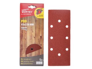 Шлифлист 93х230мм Р80 д/дерева самосцепл. 8 отв. 5шт WORTEX