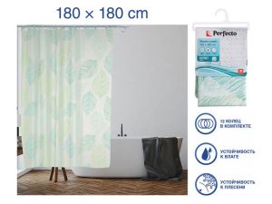 Шторка для ванной (12 колец в комплекте), 180×180 см, Secret, листья, PERFECTO LINEA