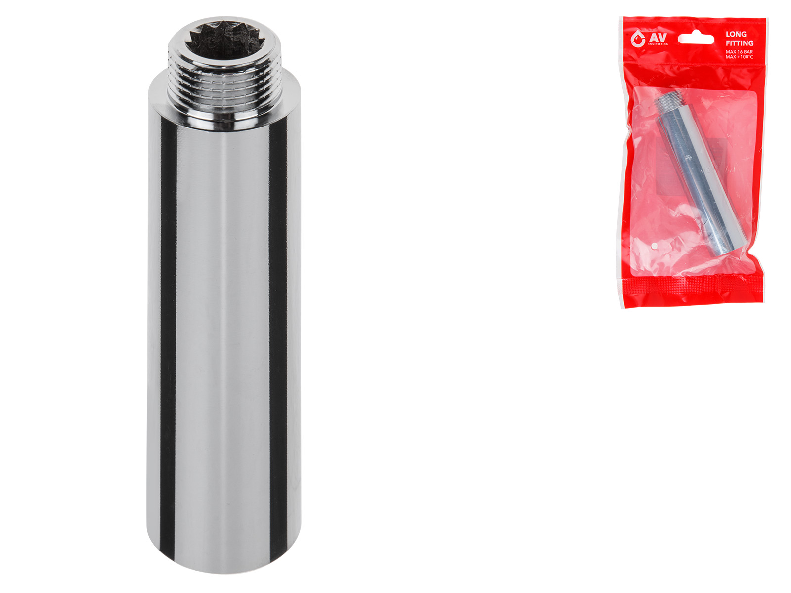 Удлинитель 1/2″ вн.-нар. х 100 мм усиленный ХРОМ, AV Engineering (инд. упак.)