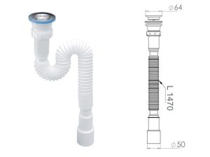 Сифон 1 1/2″х40/50 гофрированный (удлинённый), выпуск 64мм, AV Engineering