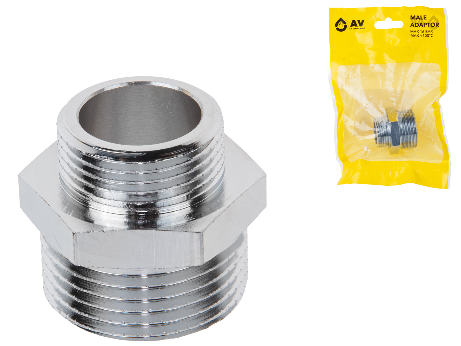 Ниппель ред. 1″ нар. х 3/4″ нар. ХРОМ, AV Engineering (инд. упак.)