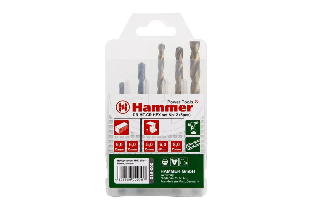 37075 Набор сверл Hammer Flex 202-912 DR set No12 HEX (5pcs) 5-8mm металлкамень, 5шт.