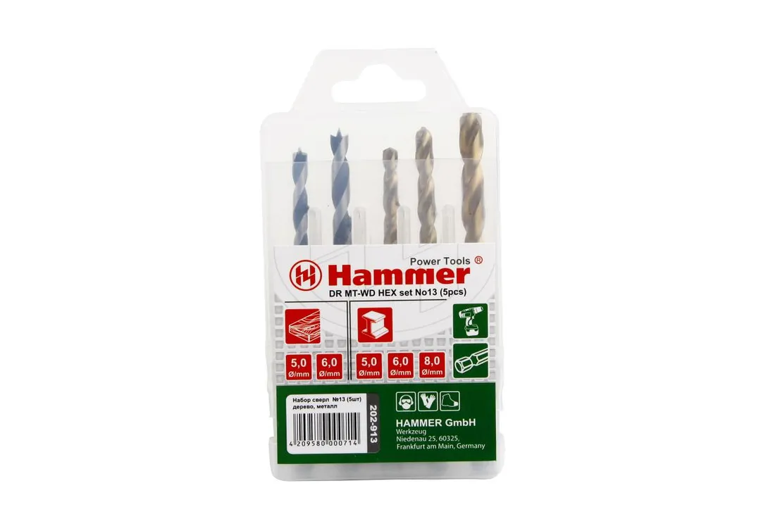 37081 Набор сверл Hammer Flex 202-913 DR set No13 HEX (5pcs) 5-8mm металлдерево, 5шт.
