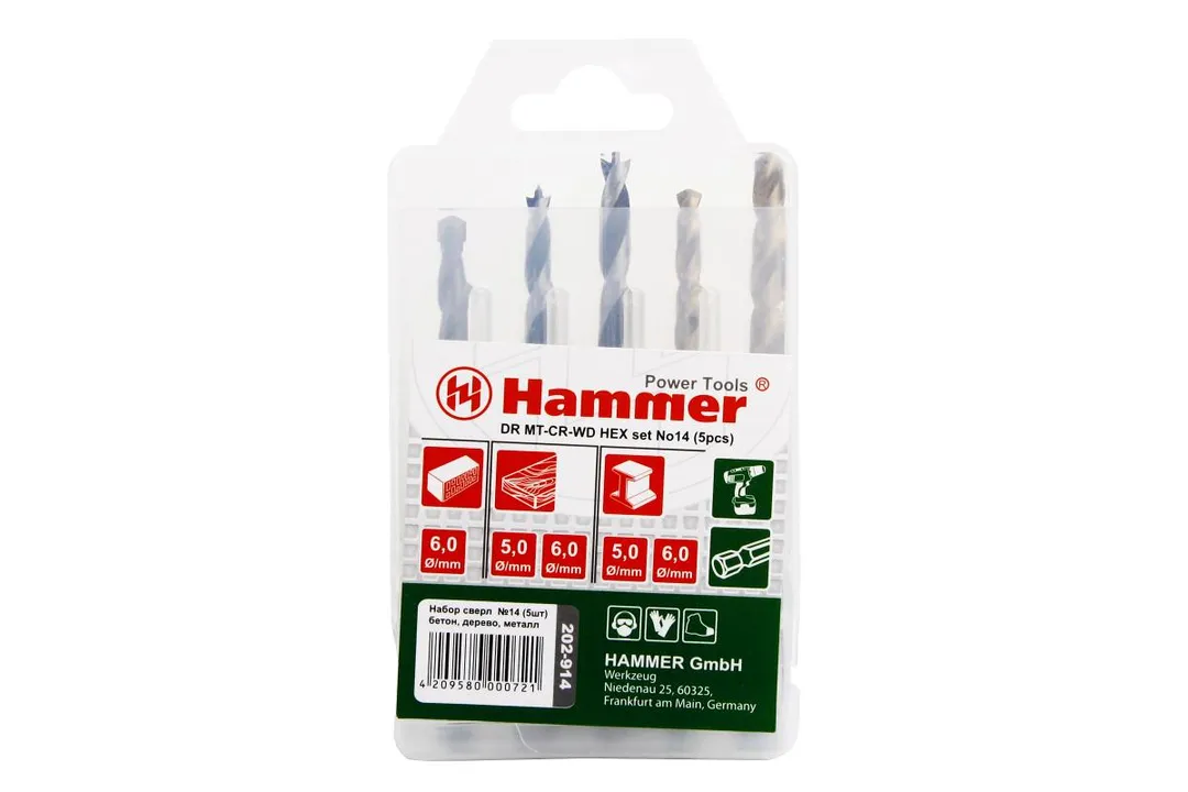 37082 Набор сверл Hammer Flex 202-914 DR set No14 HEX (5pcs) 4-8mm металлдеревокамень, 5шт.