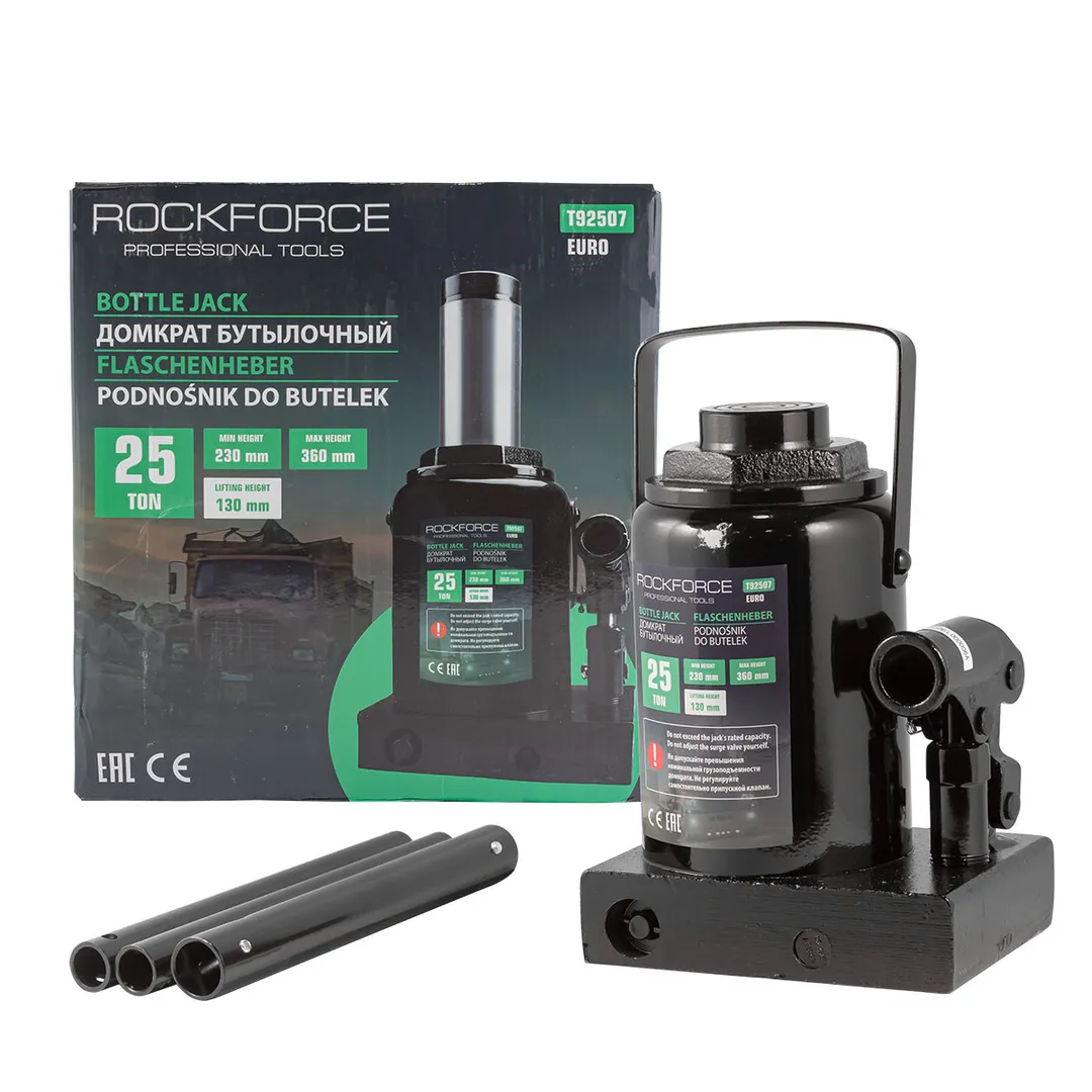 Домкрат бутылочный 25т низкопрофильный (высота подхвата — 230мм, высота подъема — 360мм, ход штока — 135мм)