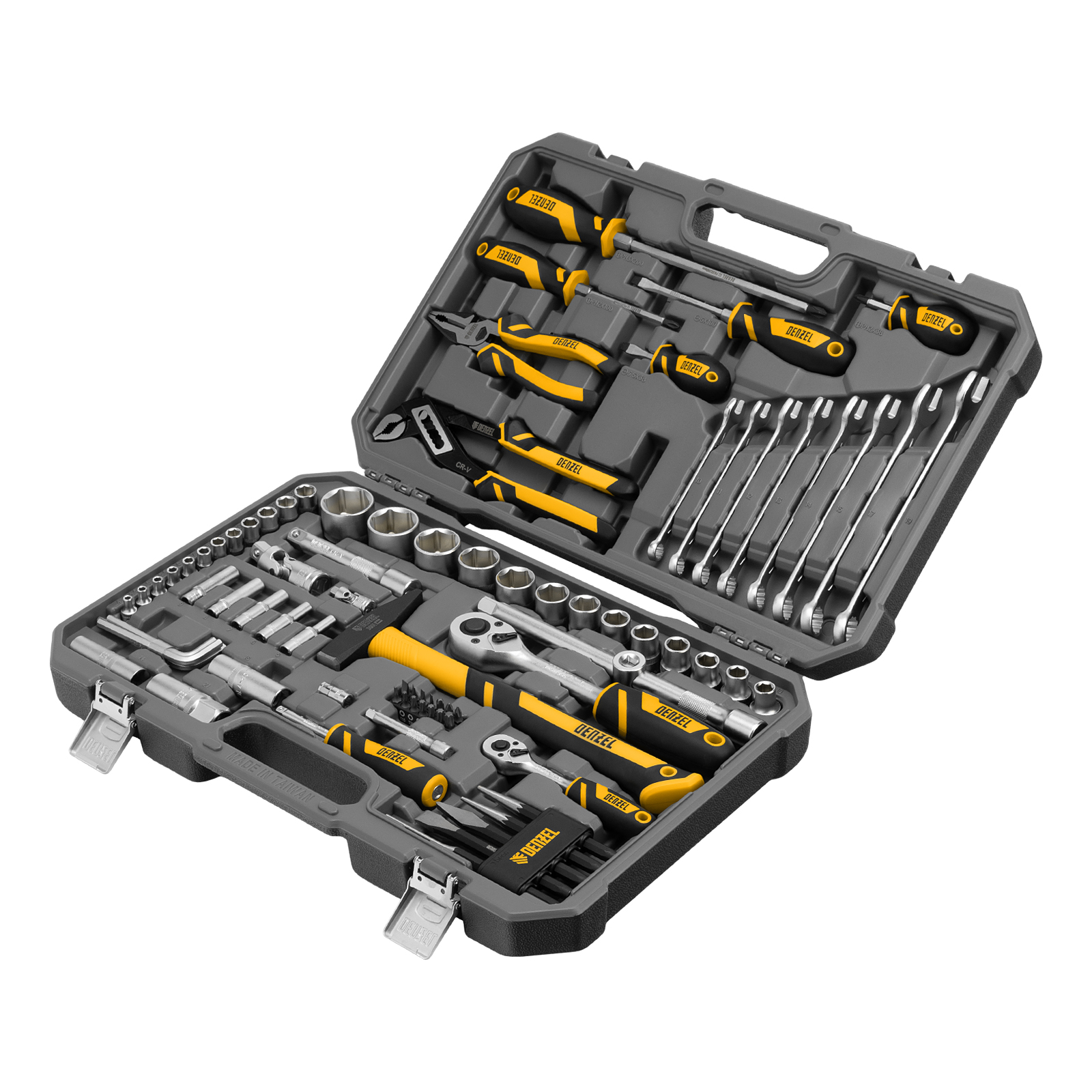 Набор инструментов, 1/2″, 1/4″, CrV, S2, пластиковый кейс, 84 предмета Denzel