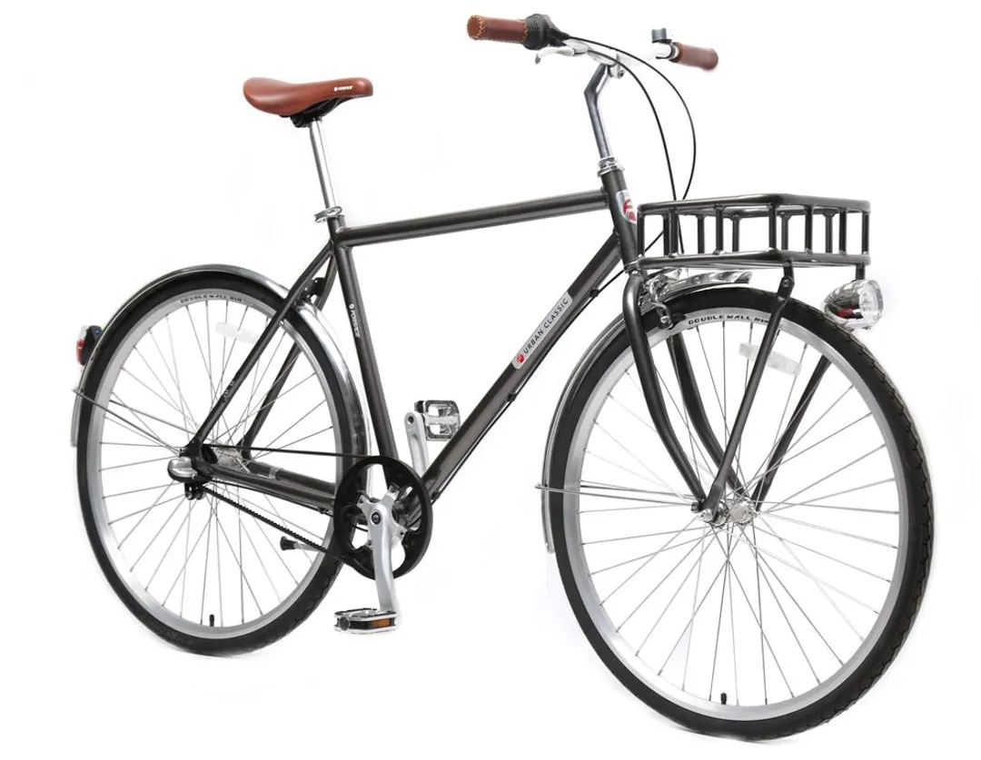 Велосипед Urban Classic M(Al 6061,колесо700с,пер/зад покр35C,3 планетар. скорости, тормаза:U-Brake,зад ножной, ремен. передача,рост до 175см, серый)