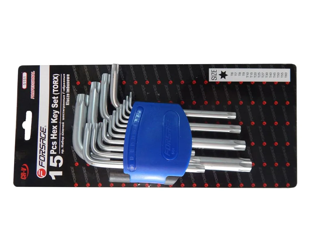 Набор ключей TORX Г-образных, 15пр.(Т6, T7, T8, T9, Т10, Т15, Т20, Т25, Т27, Т30, Т40, Т45, Т50, Т55, Т60)в пластиковом держателе