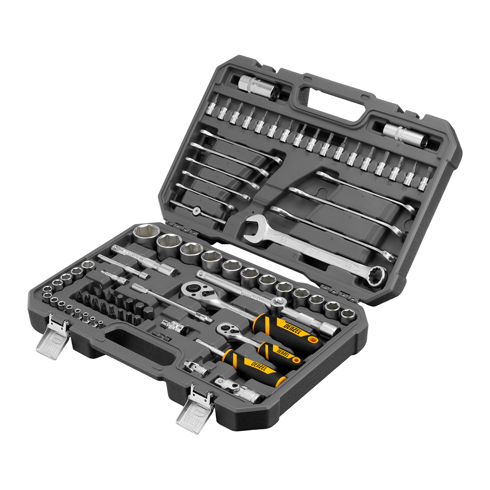 Набор инструментов, 1/2″, 1/4″, CrV, S2, пластиковый кейс, 82 предмета Denzel