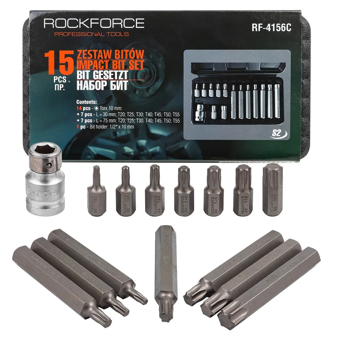 Набор бит TORX с битодержателем,15пр. 1/2»(L: 30/75мм, Т20,Т25,Т30,Т40,Т45,Т50,Т55)