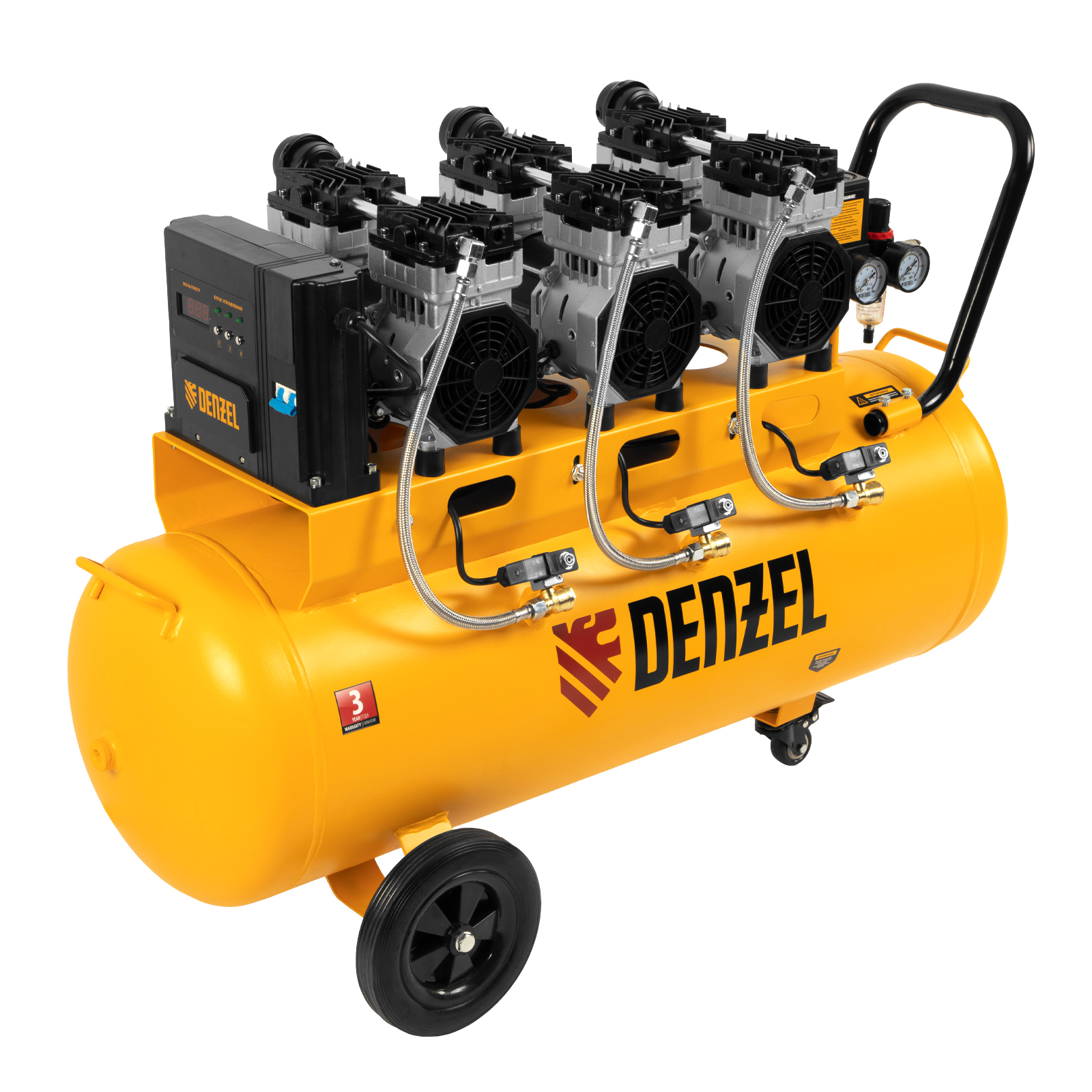 Компрессор безмасляный, малошумный  DLS 2250/100, 2250 Вт, 3×750, 100 л, 410 л/мин блок управления/ Denzel