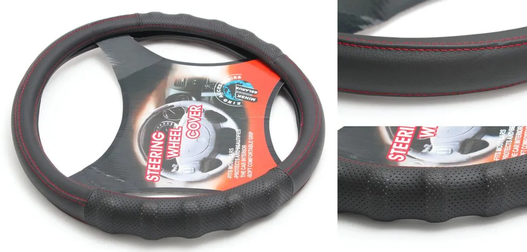Чехол руля кожа-PU H-8500-M (black+red нить) (A)