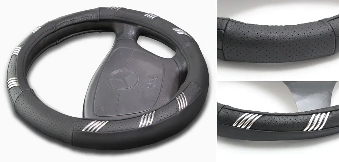 Чехол руля кожа H-8515-M (black+crome) (А)