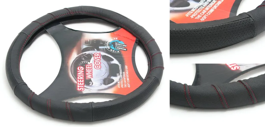 Чехол руля кожа H-8523-M (black/ red нить) (A)