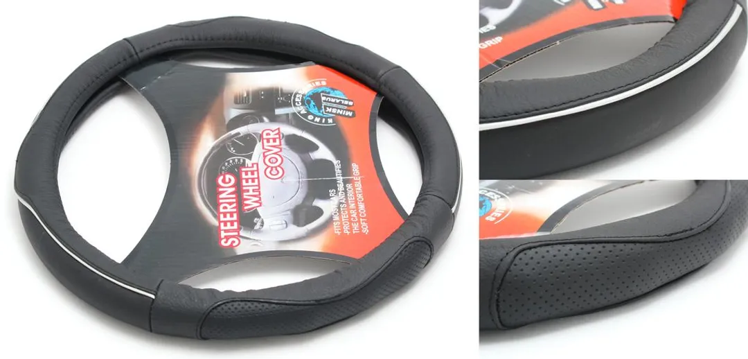 Чехол руля кожа H-8533-M (black+silver) (A)