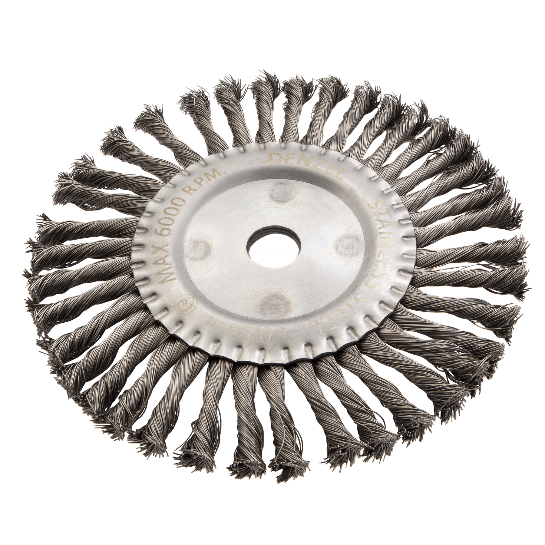 Щетка для УШМ, 200 мм, «Плоская», крученая нержавеющая проволока 0.5 мм, посадка 22.2 мм Denzel