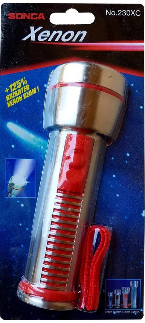 Фонарик переносной светодиодный влагонепроницаемый Sonca Ксенон(HPx21, 2.4V, 0.80A, 2xC/R16/UM2, яркость луча увеличена на 125%), в блистере