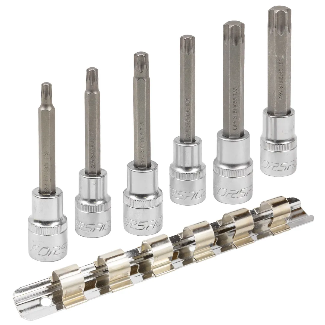 Набор головок-бит Torx 6-лучевых, 6 пр.(Т30,Т40,Т45,Т50,Т55,Т60, L-100мм) 1/2», на планке