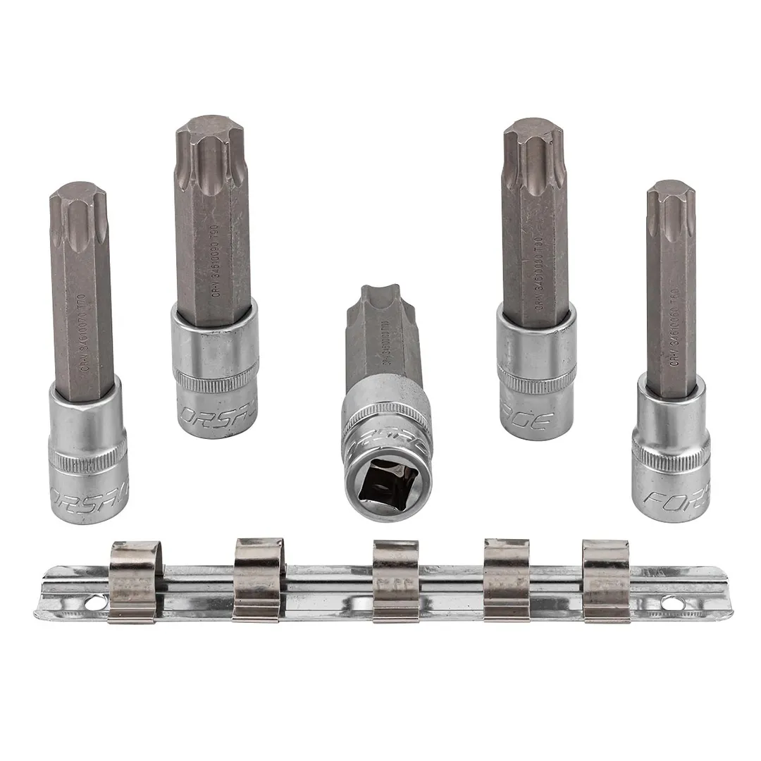 Набор головок-бит Torx 6-лучевых, 5 пр.(Т60,Т70,Т80,Т90,Т100, L-100мм) 1/2», на планке