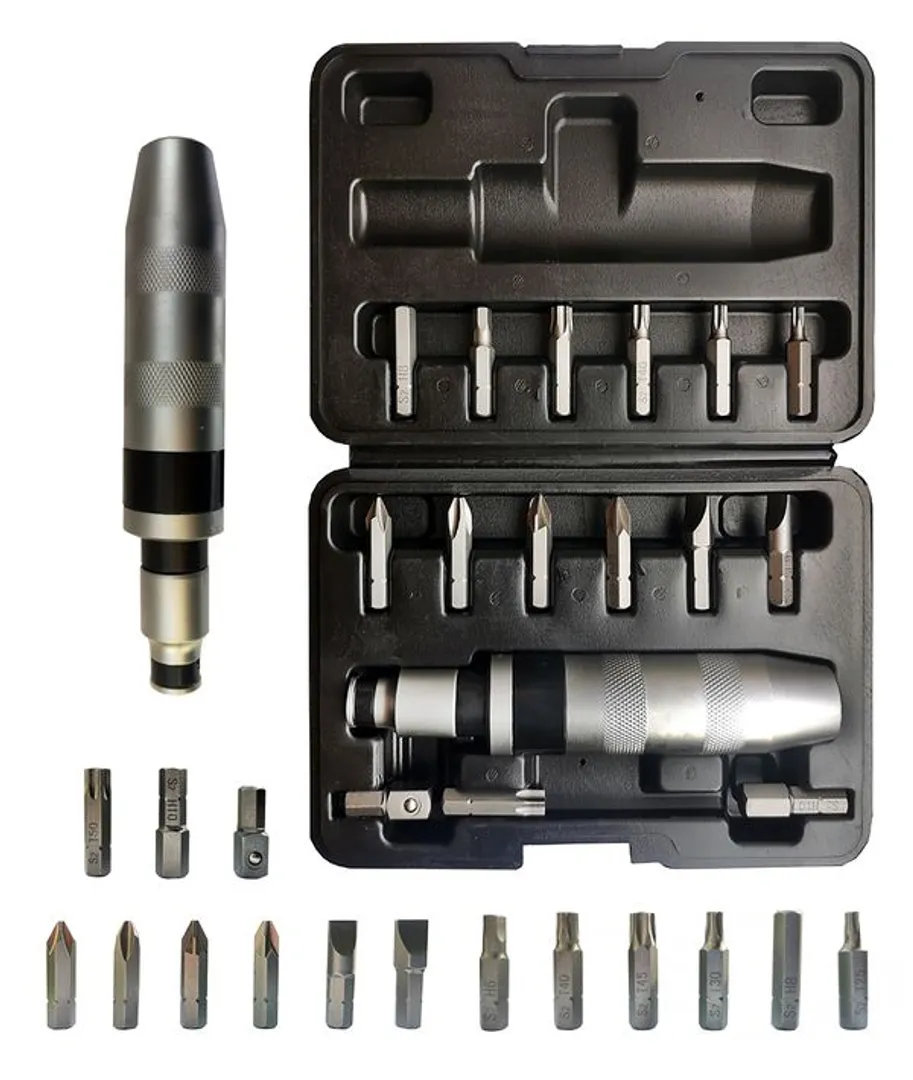 Отвертка ударная с набором бит и адаптерами,17пр.1/2»(F)х5/16»(F) 5/16»(М)x1/2»(М)(PH2,3,PZ2,3,SL9,11мм,Torx 25,30,40,45,50,Hex 6,8,10ммх36мм)в кейсе