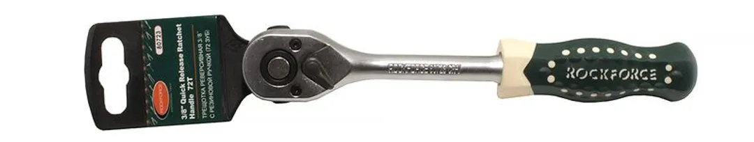 Трещотка реверсивная с резиновой ручкой 3/8»(L-210мм, 72зуб.), на пластиковом держателе