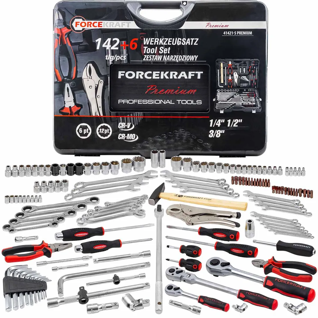 Набор инструментов 142+6пр. 1/4»3/8»1/2»(6-гран.)(4-36мм, 27,30,32,36-12гр.)+(ключи трещоточные:8х10,12х13,14х15,16х17,18х19мм, бокорезы-7»)